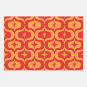 Atomic Starbursts on Red and Orange Ogee Pattern  Wrapping Paper Sheet