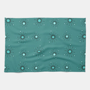 Atomic Starbursts Teal Tea Towel