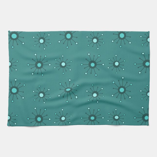 Atomic Starbursts Teal Tea Towel (Horizontal)