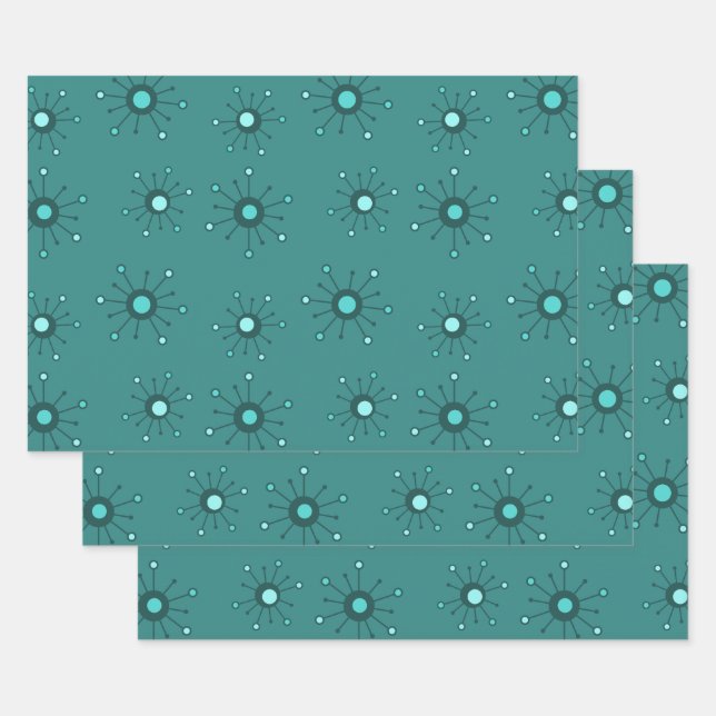 Atomic Starbursts Teal Wrapping Paper Sheet (Set)