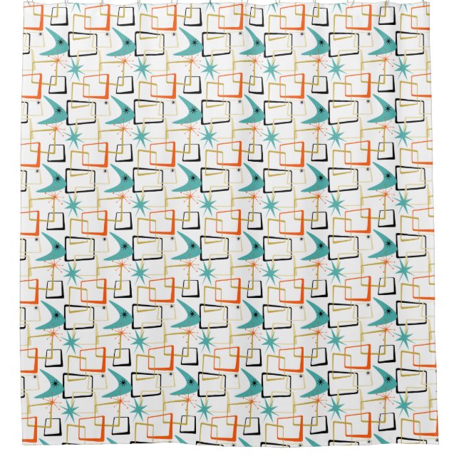 Atomic Stars Boomerang Squares Mid Century Shower Curtain (Front)