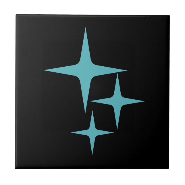 Atomic Stars Mid Century Modern Turquoise Black Tile (Front)
