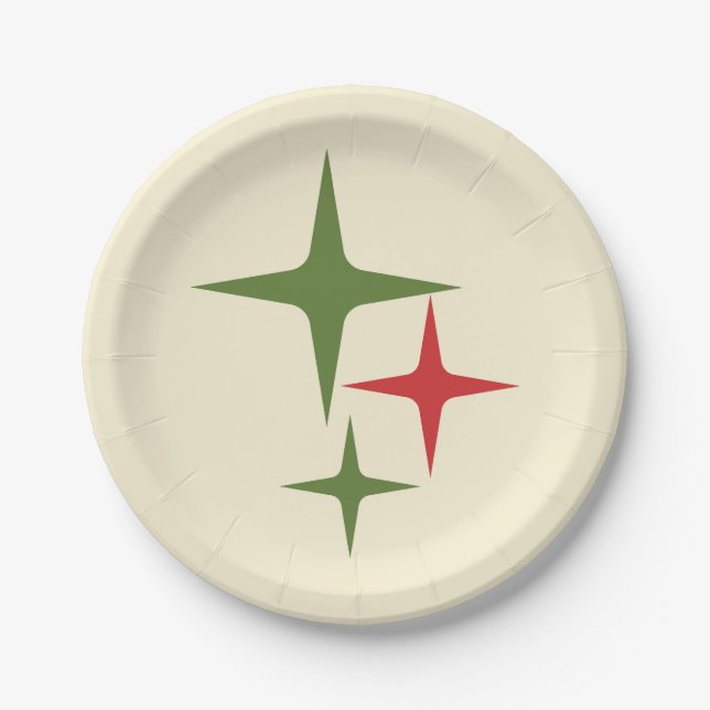 Atomic Stars Midcentury Retro Christmas Red Green  Paper Plate (Front)