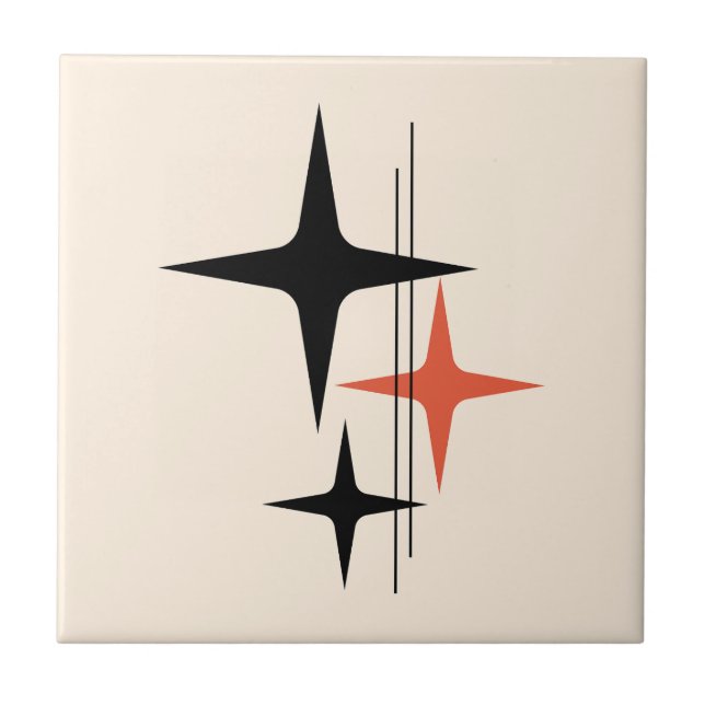 Atomic Stars Retro Midcentury Black Orange Cream Tile (Front)