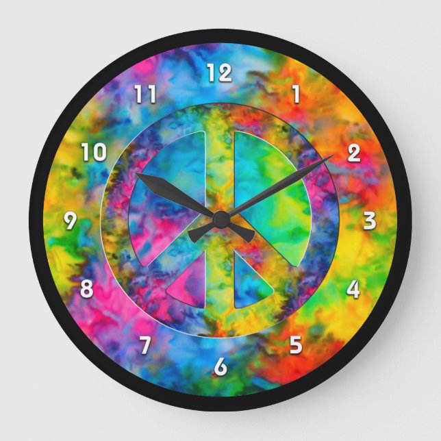 [Atomic Tie-Dye] Rainbow Colours Peace Sign Symbol Large Clock (Front)