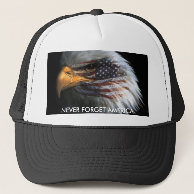 ATT987427, NEVER FORGET AMERICA TRUCKER HAT (Front)