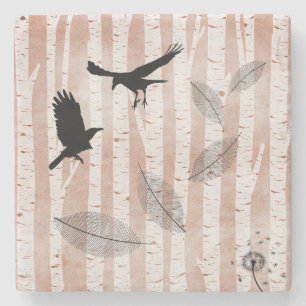Attempted Murder of Crows in White Birch Forest  Stone Coaster