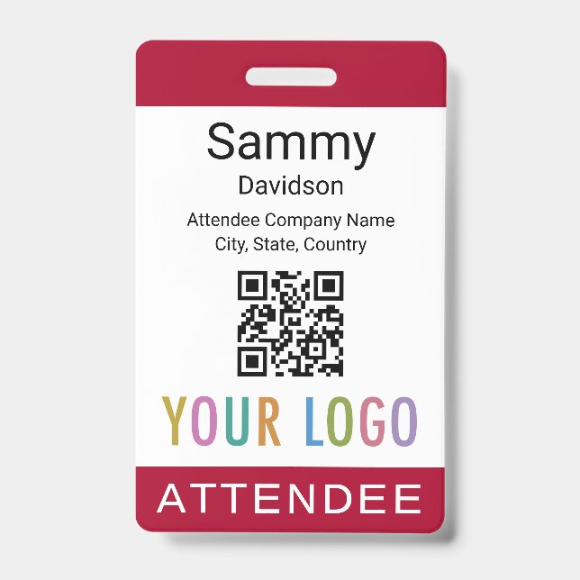 Attendee Name Badge QR Code Event Logo Dark Red ID Badge (Front)