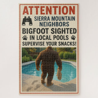 Attention Sierra Mountain Neighbors – Bigfoot Pool Jigsaw Puzzle