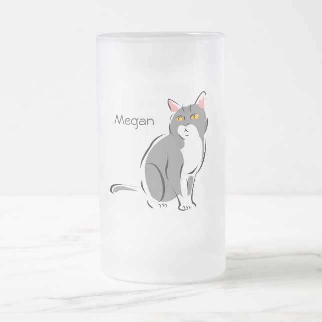 Attentive Grey and White Cat Frosted Glass Beer Mug (Center)