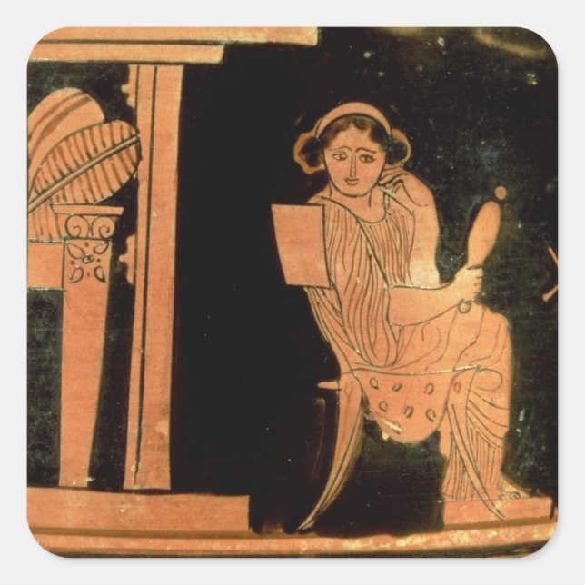 Attic red figure pyxis depicting a bride, 5th cent square sticker (Front)