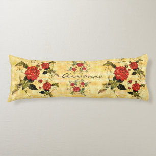 Attic Treasures - Red Roses on Yellow Stripes Body Cushion