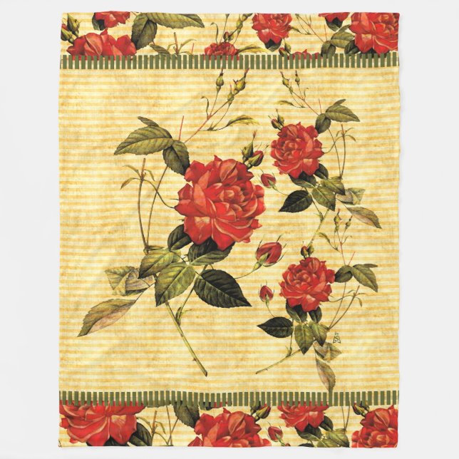 Attic Treasures - Red Roses on Yellow Stripes Fleece Blanket (Front)