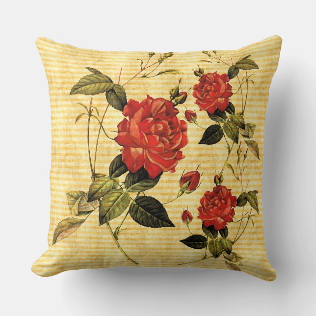 Attic Treasures - Red Roses on Yellow Stripes - v2 Cushion (Front)