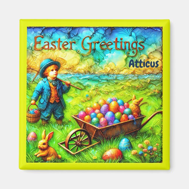 ATTICUS ~ VINTAGE EASTER Boy ~ Easter Eggs ~ Magnet (Front)