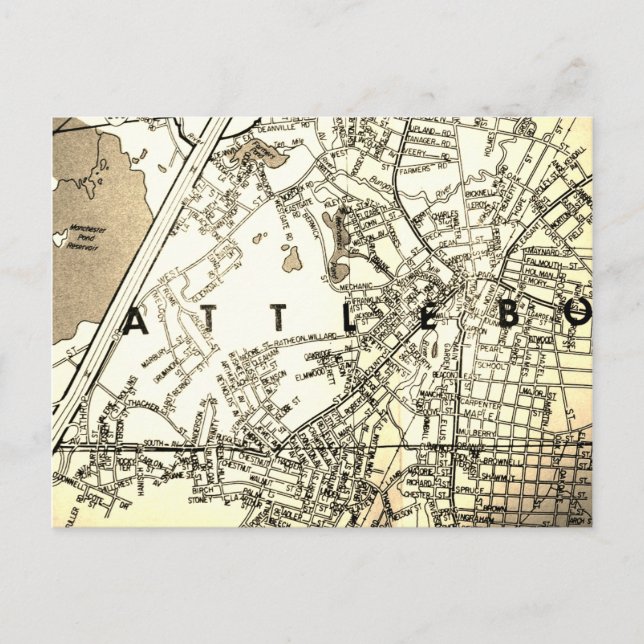 Attleboro, MA Vintage Map Postcard (Front)
