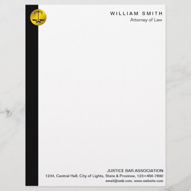 Attorney At Law Black Gold Scale Lawyer Justice Custom Letterhead (Front)