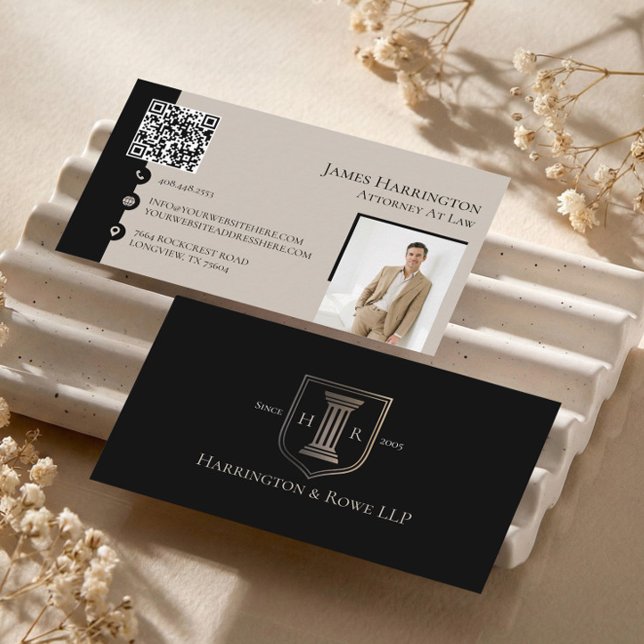 Attorney At Law Black Luxe Monogram QR Code Photo  Business Card (Attorney At Law Black Luxe Monogram QR Code Photo Business Card)