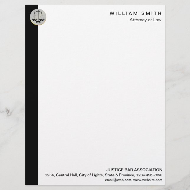 Attorney At Law Black Scale Lawyer Justice Custom Letterhead (Front)
