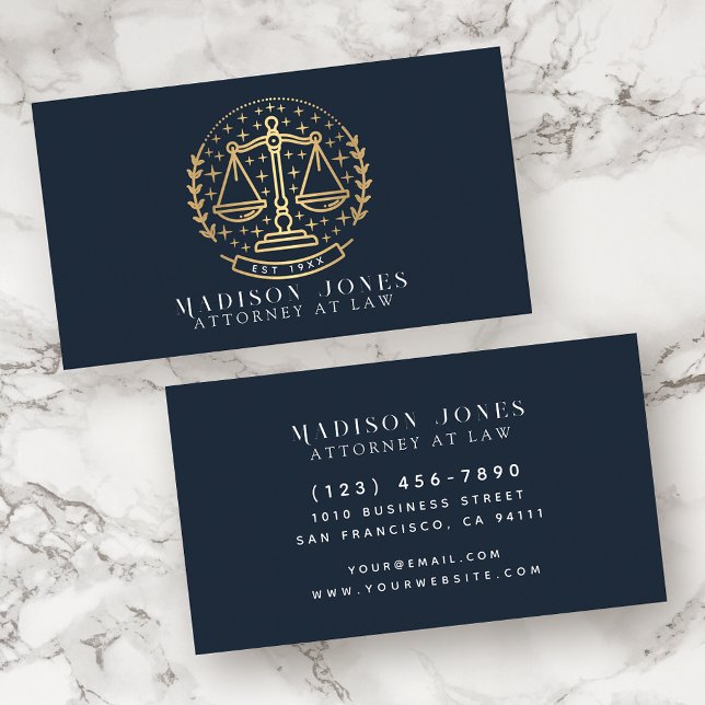 Attorney at Law Blue and Gold Lawyer Business Business Card (Creator Uploaded)