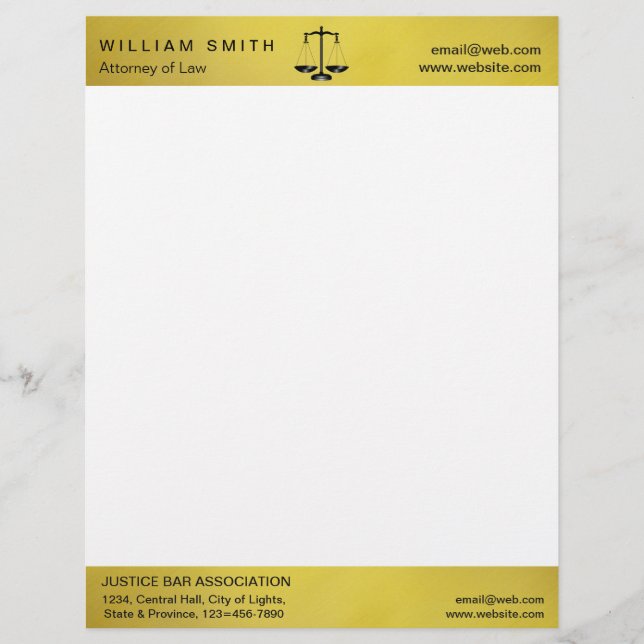 Attorney At Law Gold Metal Legal Scale Lawyer Custom Letterhead (Front)