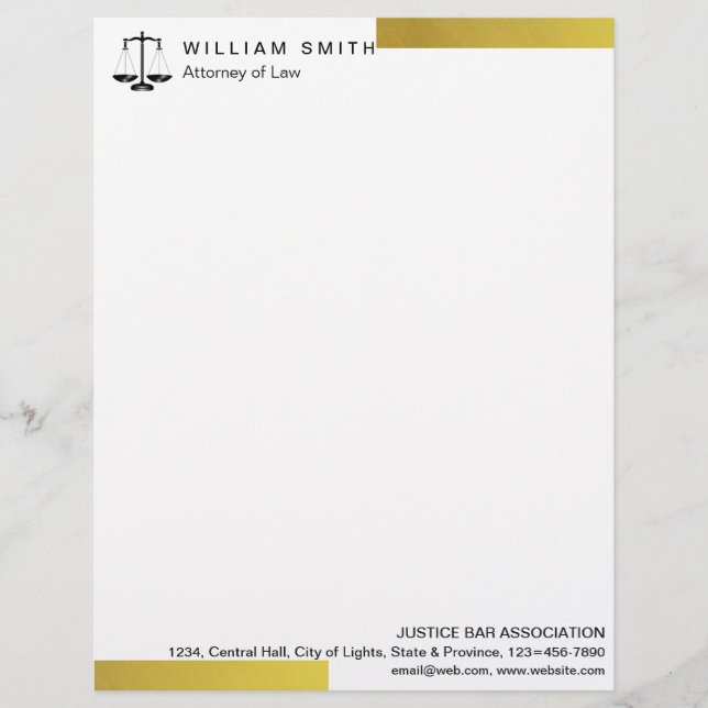 Attorney At Law Gold Metal Legal Scale Lawyer Custom Letterhead (Front)