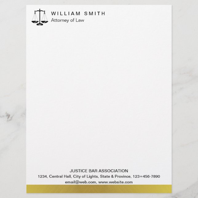 Attorney At Law Gold Metal Legal Scale Lawyer Custom Letterhead (Front)