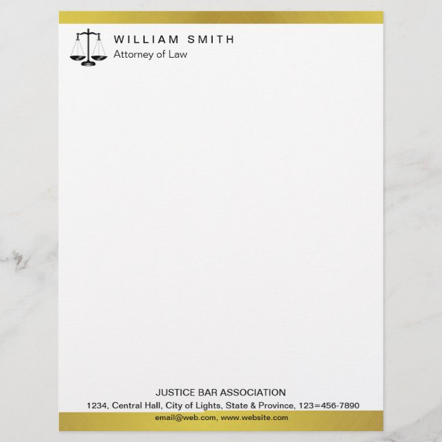 Attorney At Law Gold Metal Legal Scale Lawyer Custom Letterhead (Front)