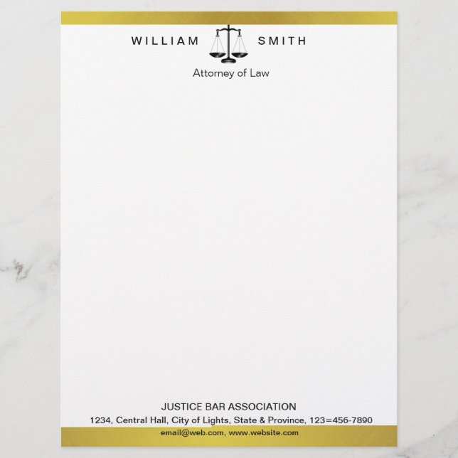 Attorney At Law Gold Metal Legal Scale Lawyer Custom Letterhead (Front)