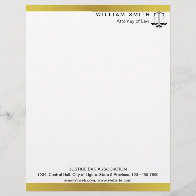 Attorney At Law Gold Metal Legal Scale Lawyer Custom Letterhead (Front)