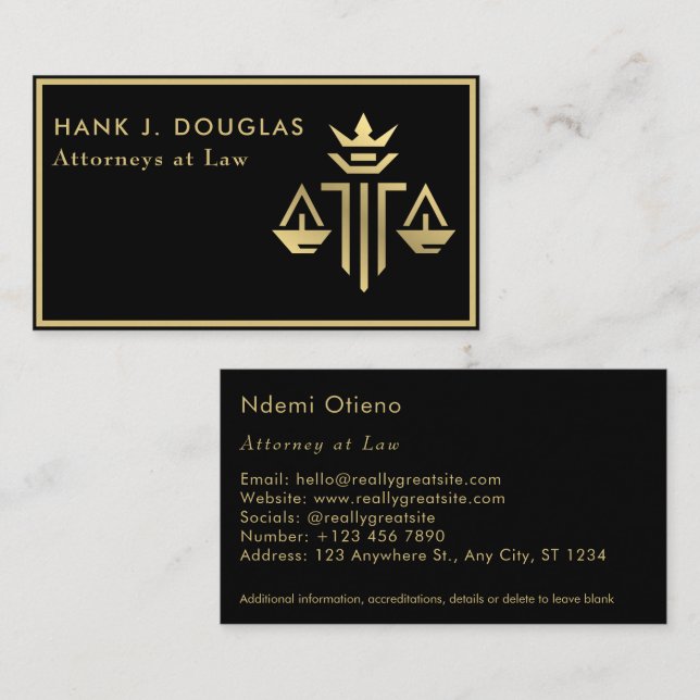 Attorney at Law Gold Scale Black Lawyer Business Business Card (Front/Back)