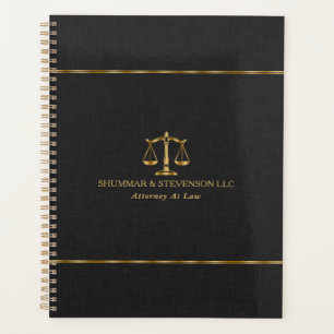 Attorney At Law-Gold Scale & Border On Black Linen Planner