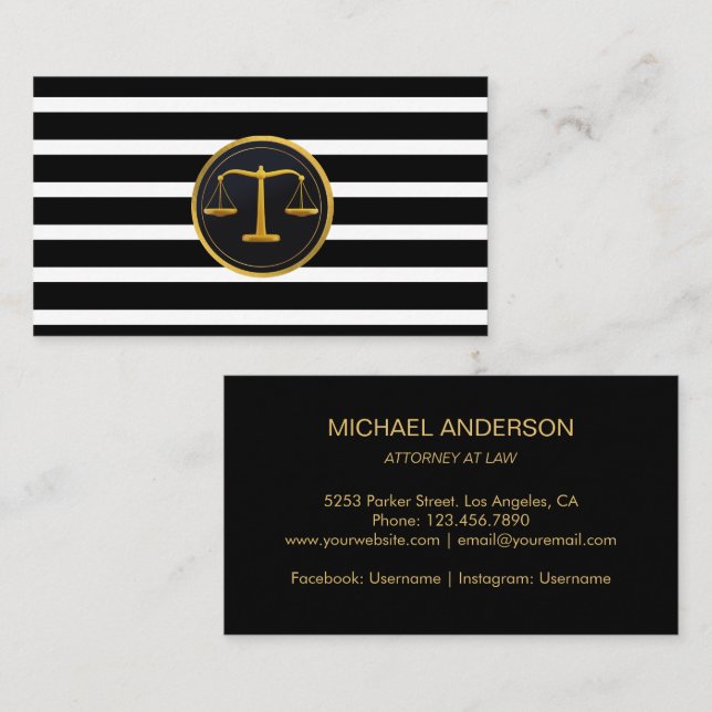 Attorney at Law Gold Scale Modern Stripes Lawyer  Business Card (Front/Back)