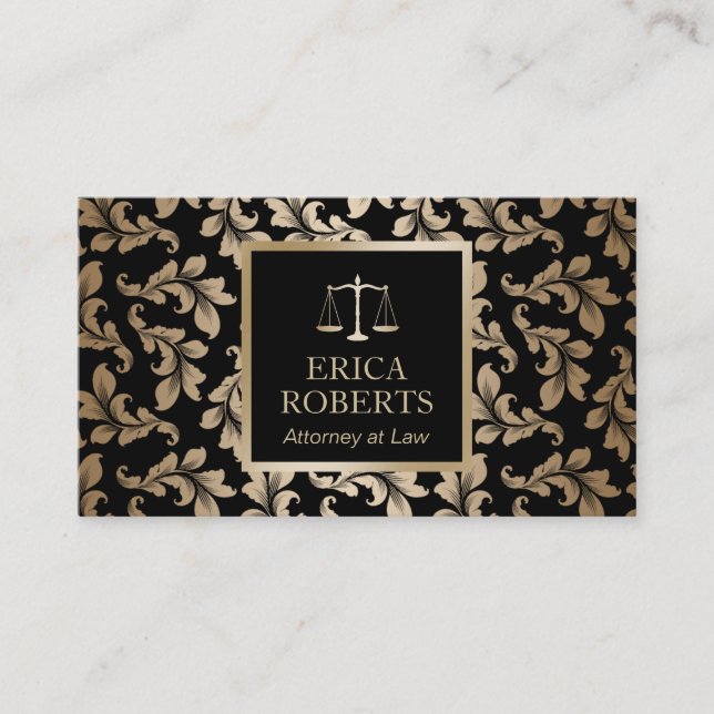 Attorney at Law Luxury Black & Gold Damask Lawyer Business Card (Front)