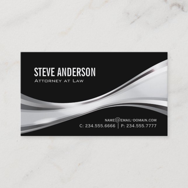 Attorney at Law - Modern Black Silver Metallic Business Card (Front)