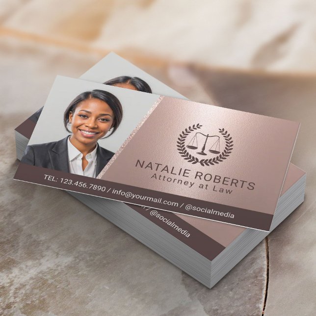 Attorney at Law Modern Rose Gold Lawyer Photo Business Card (Creator Uploaded)
