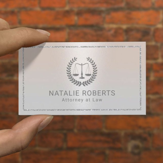 Attorney at Law Modern Silver Frame Lawyer Business Card (Creator Uploaded)