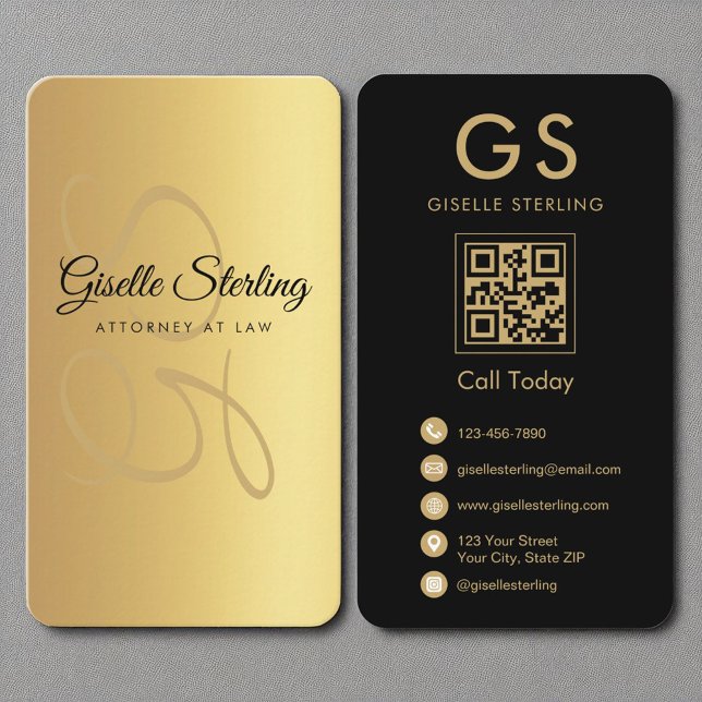 Attorney at Law Monogram Gold Black QR Code Business Card (Creator Uploaded)