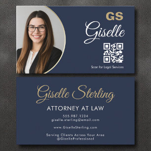 Attorney at Law Navy Blue Gold Photo QR Code  Business Card