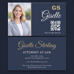 Attorney at Law Photo QR Code Navy Blue Gold  Business Card