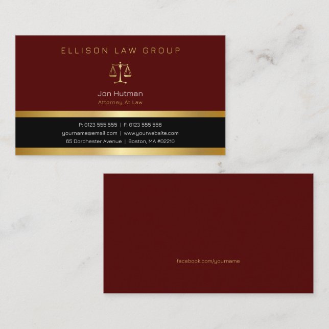 Attorney at Law | Professional Gold Dark Red Business Card (Front/Back)