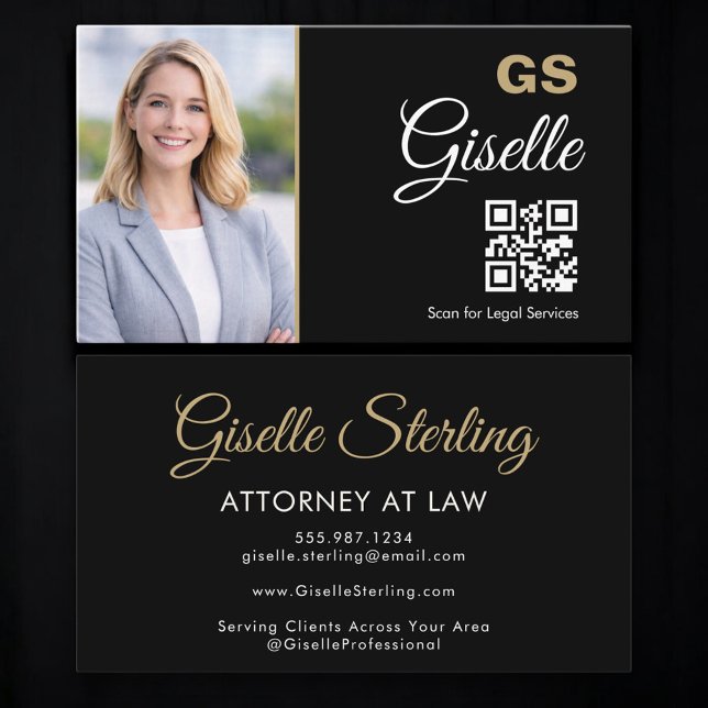 Attorney at Law QR Code Black Gold Photo  Business Card (Creator Uploaded)