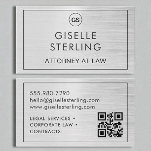 Attorney at Law QR Code Brushed Silver Monogram Business Card