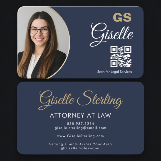 Attorney at Law QR Code Photo Navy Blue Gold  Business Card (Creator Uploaded)
