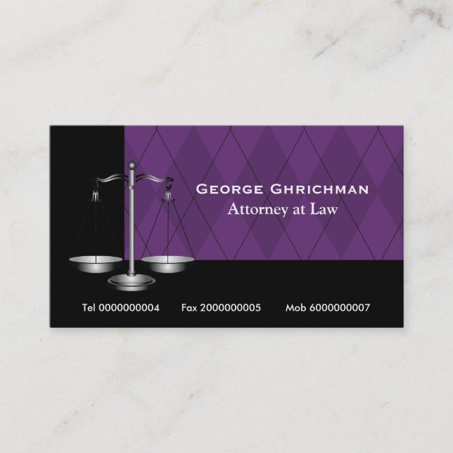 Attorney at law scale of justice black purple business card (Front)