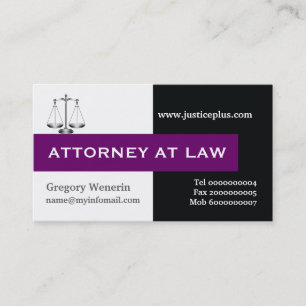 Attorney at law scale of justice purple, black business card