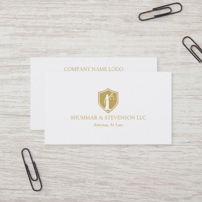 Attorney At Law-Simple Gold Lady Justice Logo Business Card (Front/Back In Situ)