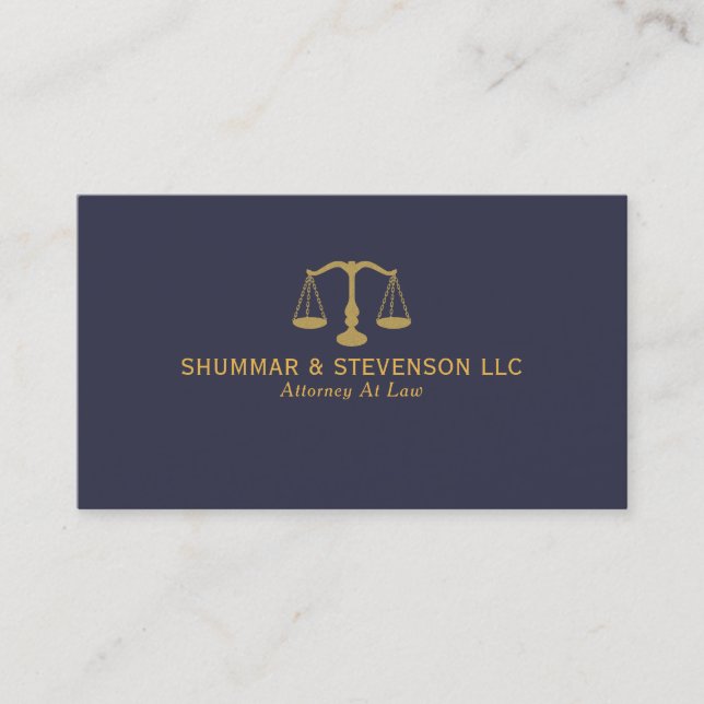 Attorney At Law-Simple Gold Scale On Blue Business Card (Front)