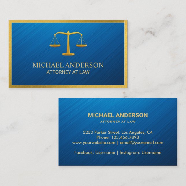 Attorney At Law-Simple Gold Scale On Blue  Business Card (Front/Back)