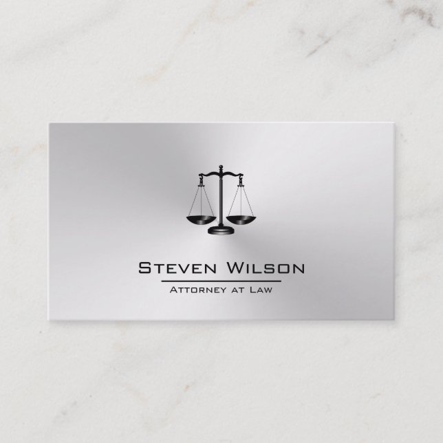 Attorney At Law White and Silver Steel Legal Scale Business Card (Front)